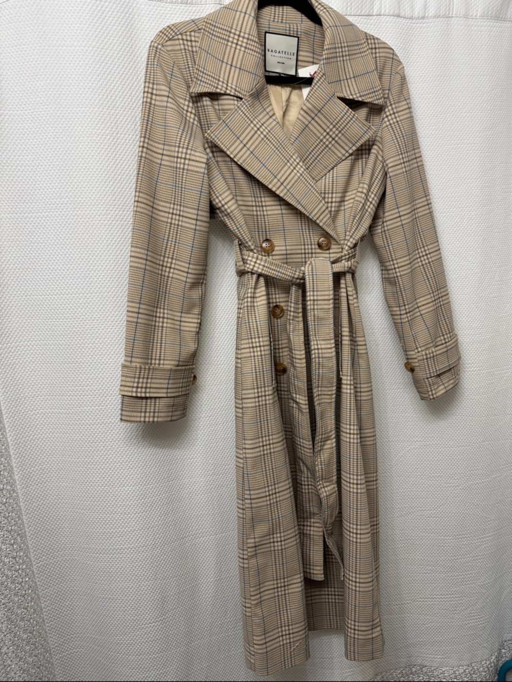 Bagatelle Collection New York Beige and Blue Plaid Double-Breasted Trench Coat - Picture 8 of 13
